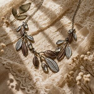 Leaf Branch Statement Necklace Silver Rose Gold Crystal Nature